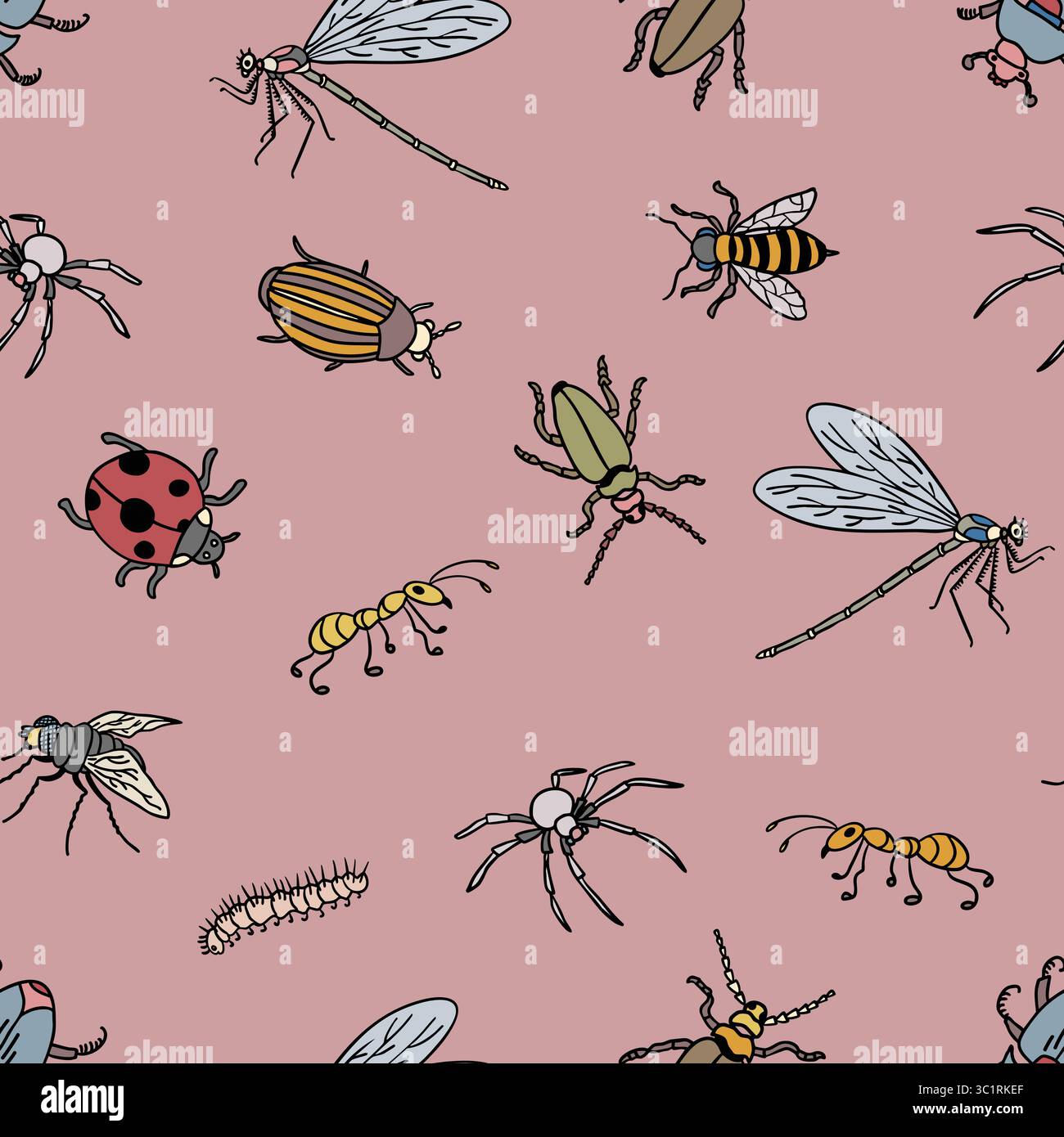 Fond rose ludique avec des bugs colorés dessinés à la main Illustration de Vecteur