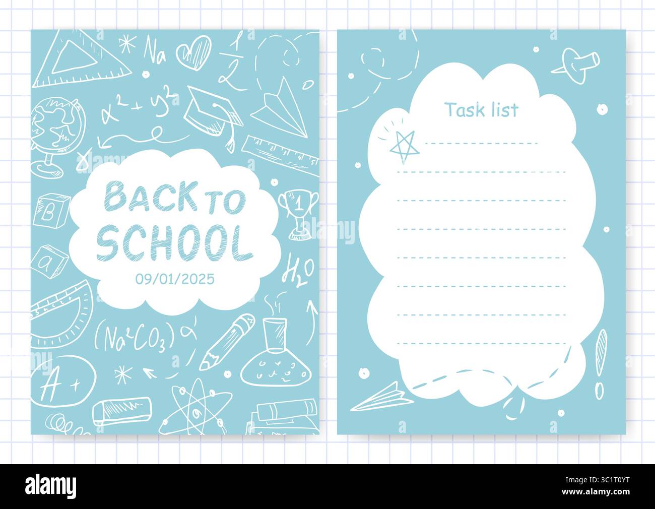 Un ensemble de planificateurs avec des illustrations scolaires dans le style doodle et l'espace pour le texte. Retour à l'école. Un modèle pour les notes, les horaires, les listes de tâches et une couverture pour un agenda ou un carnet de notes. Fournitures de bureau. Illustration de Vecteur