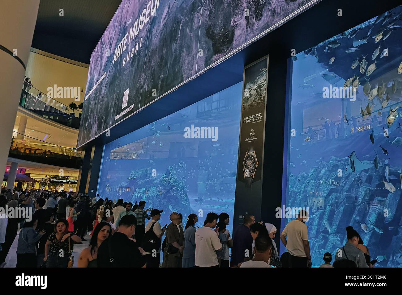 Dubaï, Émirats arabes Unis. 3 octobre 2024. Des foules de touristes prennent des photos dans l'immense aquarium de Dubaï Banque D'Images