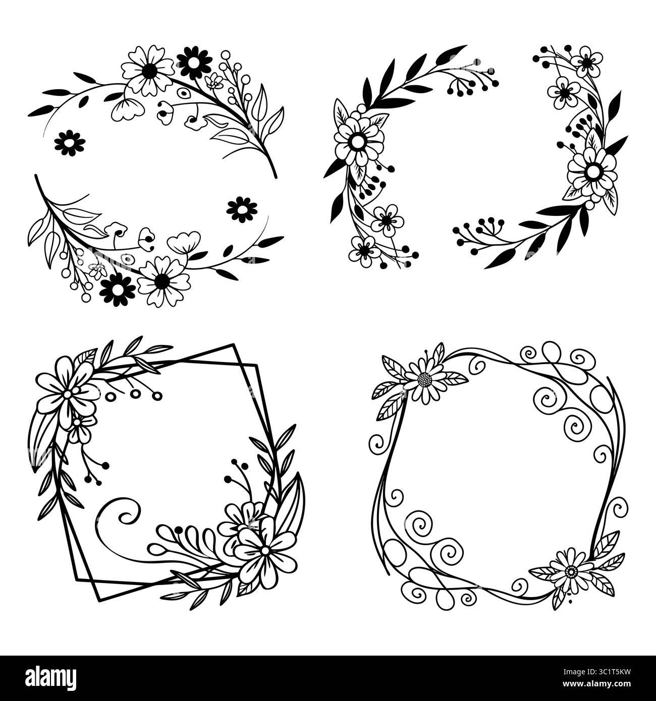 Une collection de quatre cadres floraux artistiques noir et blanc, présentant des motifs complexes et des embellissements décoratifs. Parfait pour un design créatif Illustration de Vecteur