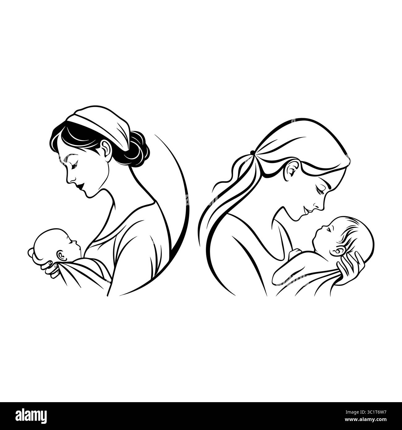 Œuvre d'art représentant le lien tendre entre les mères et les bébés, soulignant l'amour maternel, les soins, et nourrissant à travers une ligne délicate Parfait Illustration de Vecteur