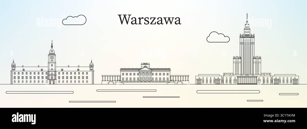 Horizon de la ville de Varsovie avec les principaux monuments (château royal, bains royaux, Palais de la culture et de la Science ) - illustration vectorielle d'art de ligne Illustration de Vecteur
