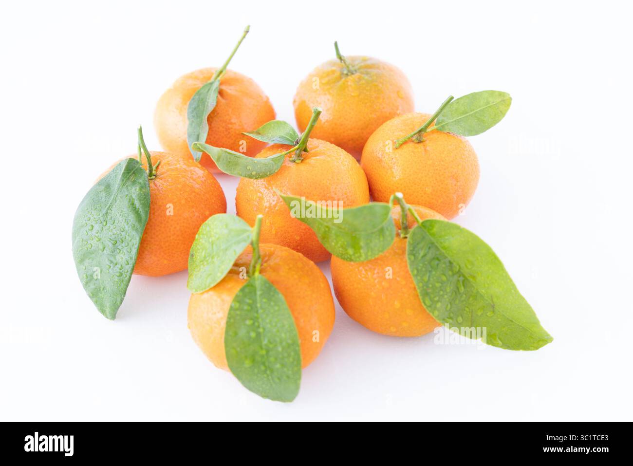 Mandarines Lidl avec des feuilles vertes fraîches, isolées sur fond blanc — agrumes de saison pour les concepts alimentaires commerciaux. Banque D'Images