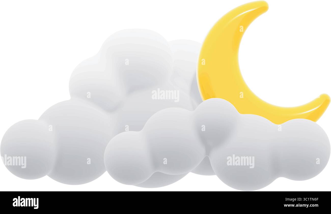 Cette icône vectorielle brillante de style 3D présente un nuage blanc doux couvrant partiellement un croissant de lune jaune brillant. Conçu dans un style de dessin animé lisse. Illustration de Vecteur
