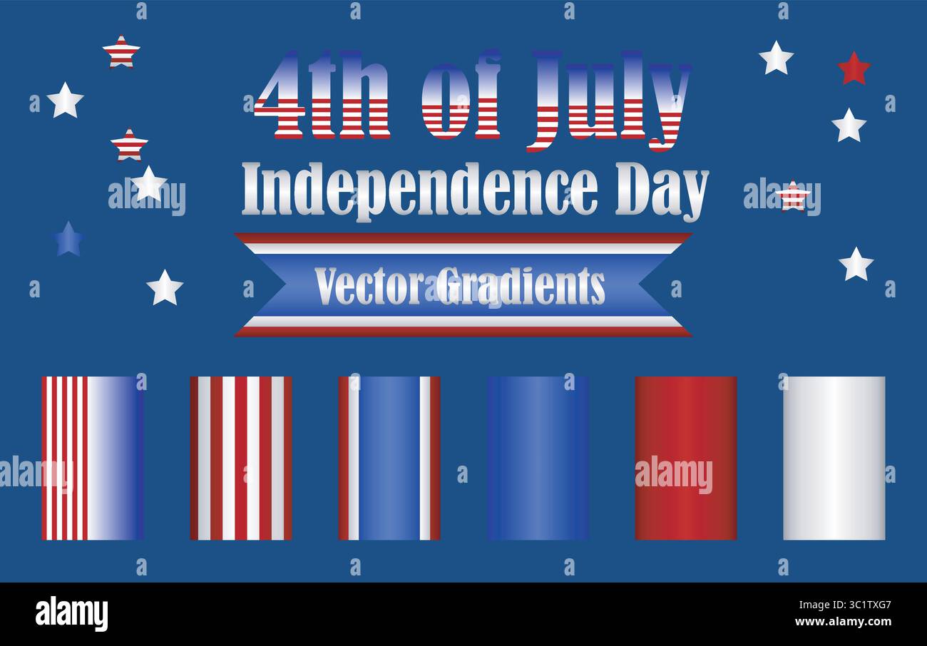 Ensemble de six motifs dégradés présentant des thèmes patriotiques rouge, blanc et bleu. Mélanges métalliques classiques et motifs rayés. Illustration de Vecteur
