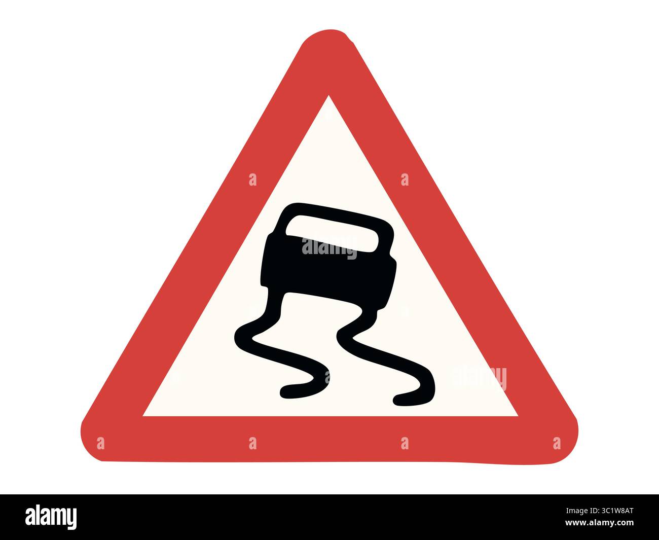 Panneau d'avertissement triangulaire rouge avec symbole de route glissante noire, isolé sur fond blanc. notion de sécurité routière, danger routier, alerte de conduite, Illustration de Vecteur