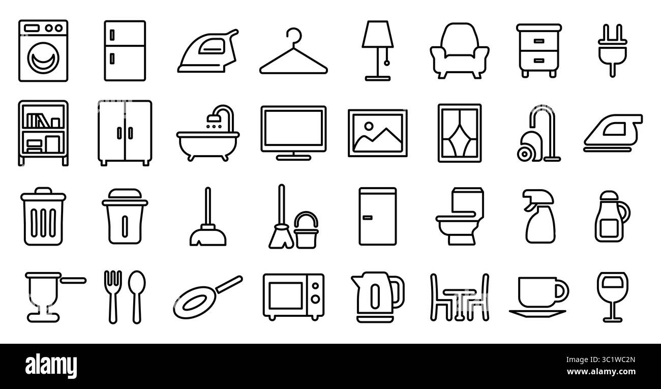 Une gamme complète d'icônes de ménage présentant des articles essentiels pour la vie à la maison, y compris des meubles, des appareils électroménagers et des outils de nettoyage dans un style minimaliste Illustration de Vecteur