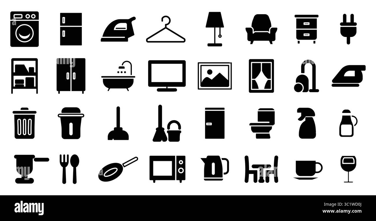 Une collection diversifiée d'icônes domestiques en noir et blanc représentant divers appareils ménagers et de nettoyage, idéal pour le design, le web et le marketing projec Illustration de Vecteur