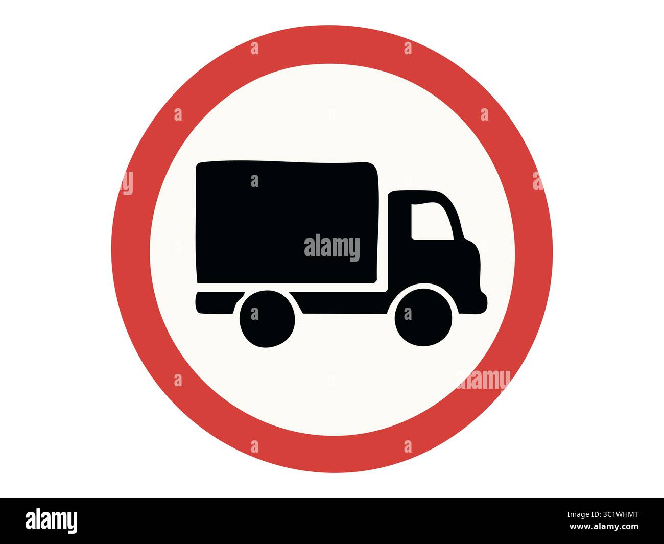 Panneau routier d'interdiction avec symbole de camion noir et cercle rouge isolé sur fond blanc, illustration graphique. Concept de pas de camions, restriction des véhicules lourds, interdiction du trafic de marchandises, élément de conception. Illustration de Vecteur