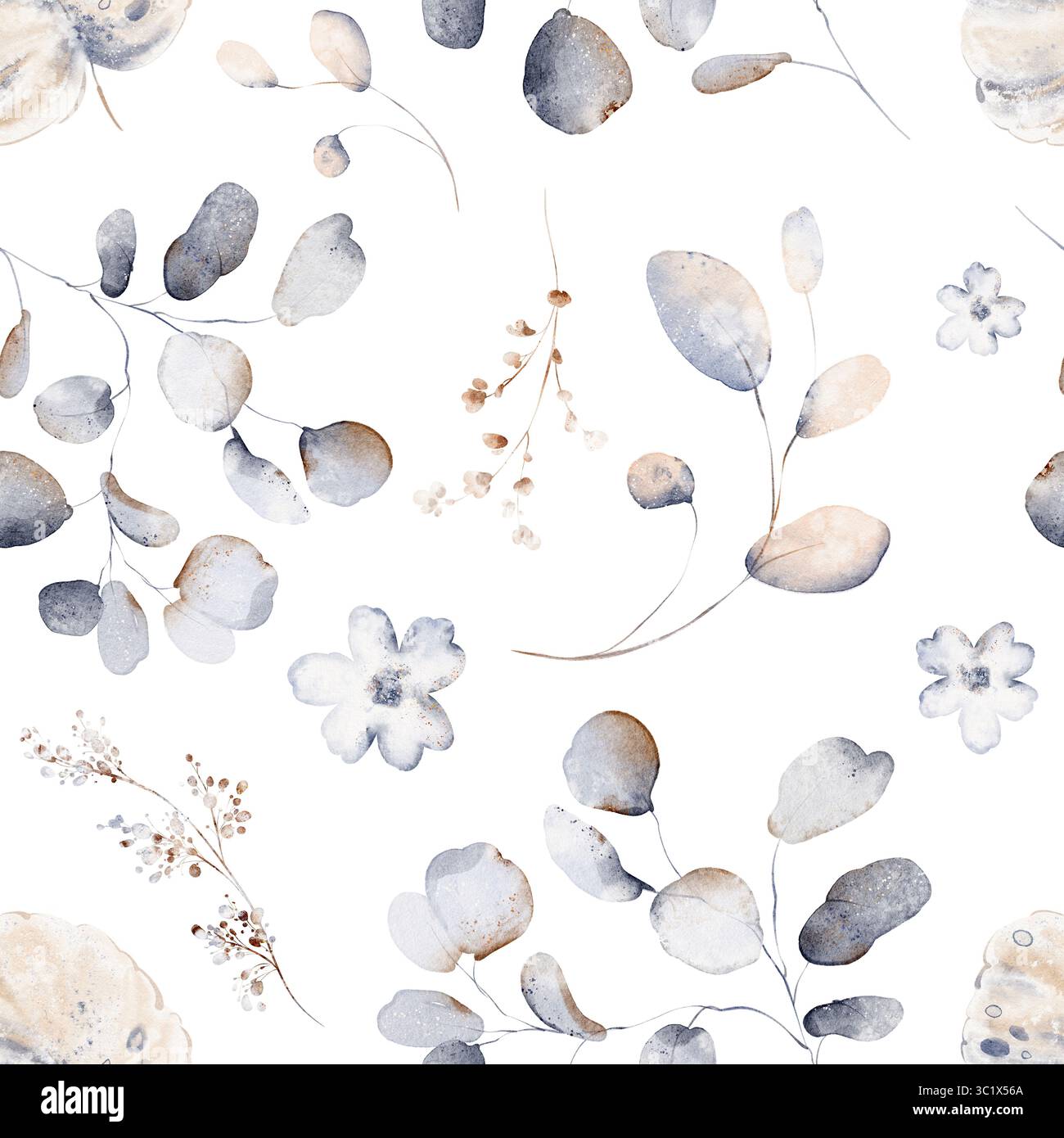 Motif aquarelle sans couture avec branches d'eucalyptus, tiges de plantes et herbes. Éléments botaniques bleus et beiges sur fond blanc. Banque D'Images