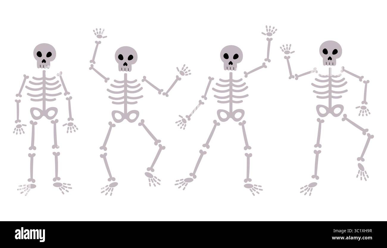 Mignon Happy Halloween ensemble de squelettes debout et dansant dans diverses poses amusantes. Style de dessin animé plat avec des expressions joyeuses. Parfait pour les fêtes d'enfants de Illustration de Vecteur