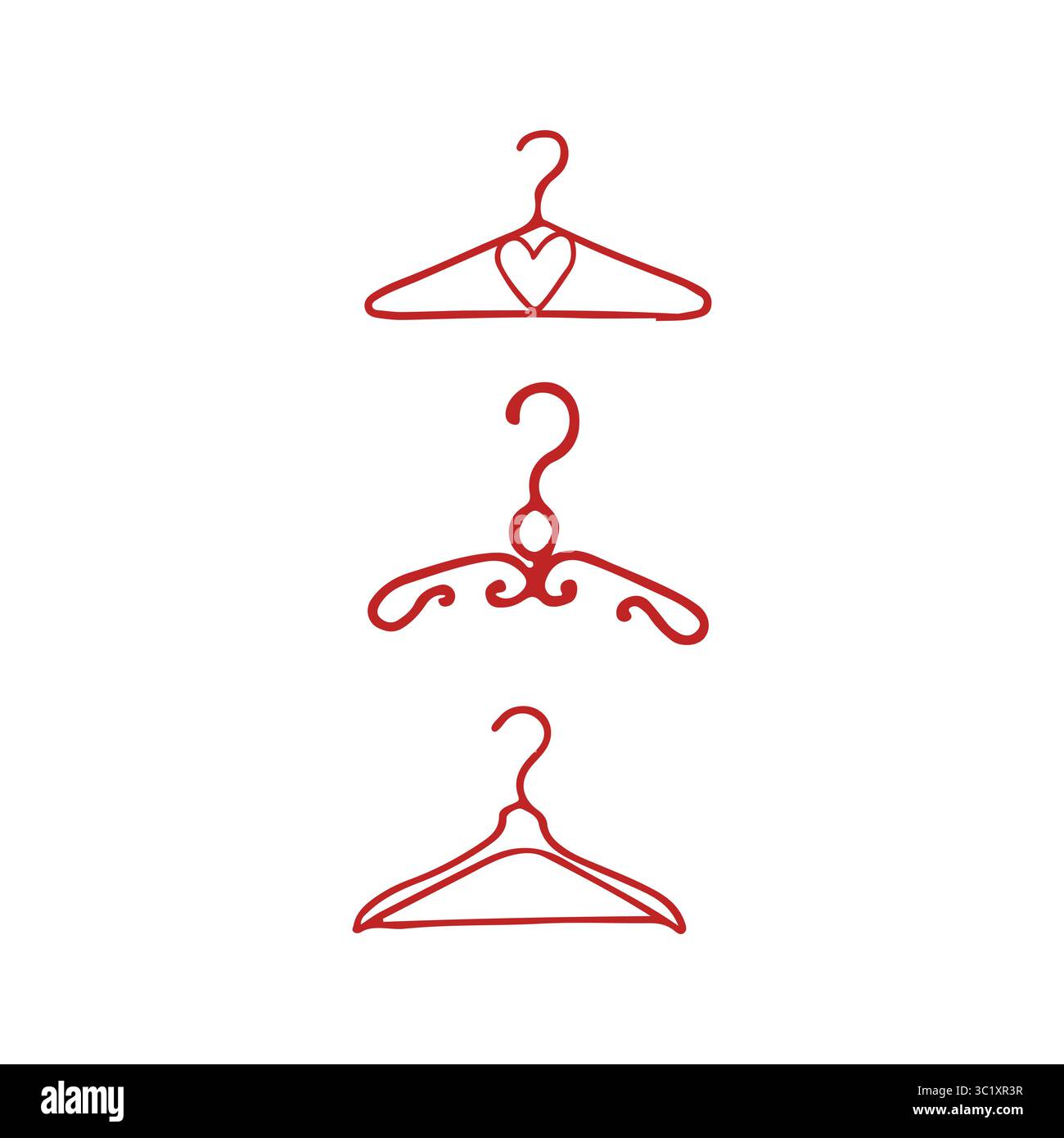 Icône cintre. Ensemble de cintres vintage dans le style doodle. Cintres rouges pour robes de mariée, pour vêtements de femme, accessoires pour filles. Illustration vectorielle Illustration de Vecteur