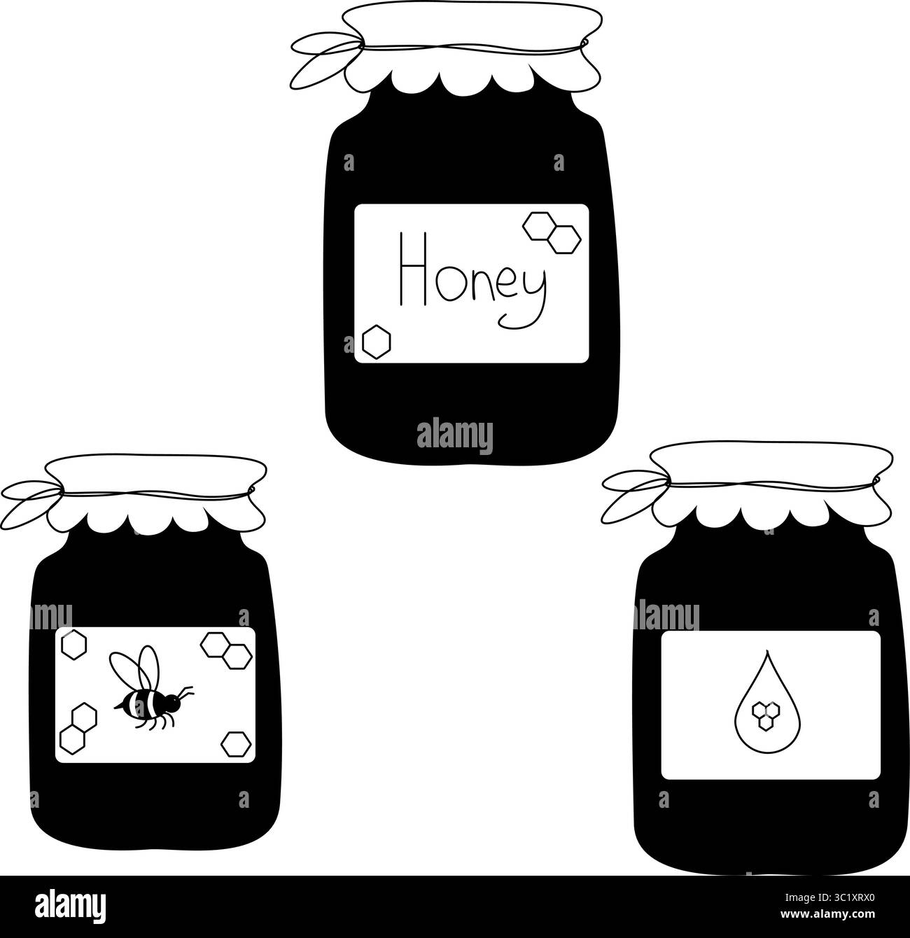 Pot de miel, abeille, ensemble de composition de miel. Illustration de ligne graphique vectorielle. Pour affiche, invitation, toile de fond, annonce, promotion de vente, imprimer pour t-shirt pour l Illustration de Vecteur