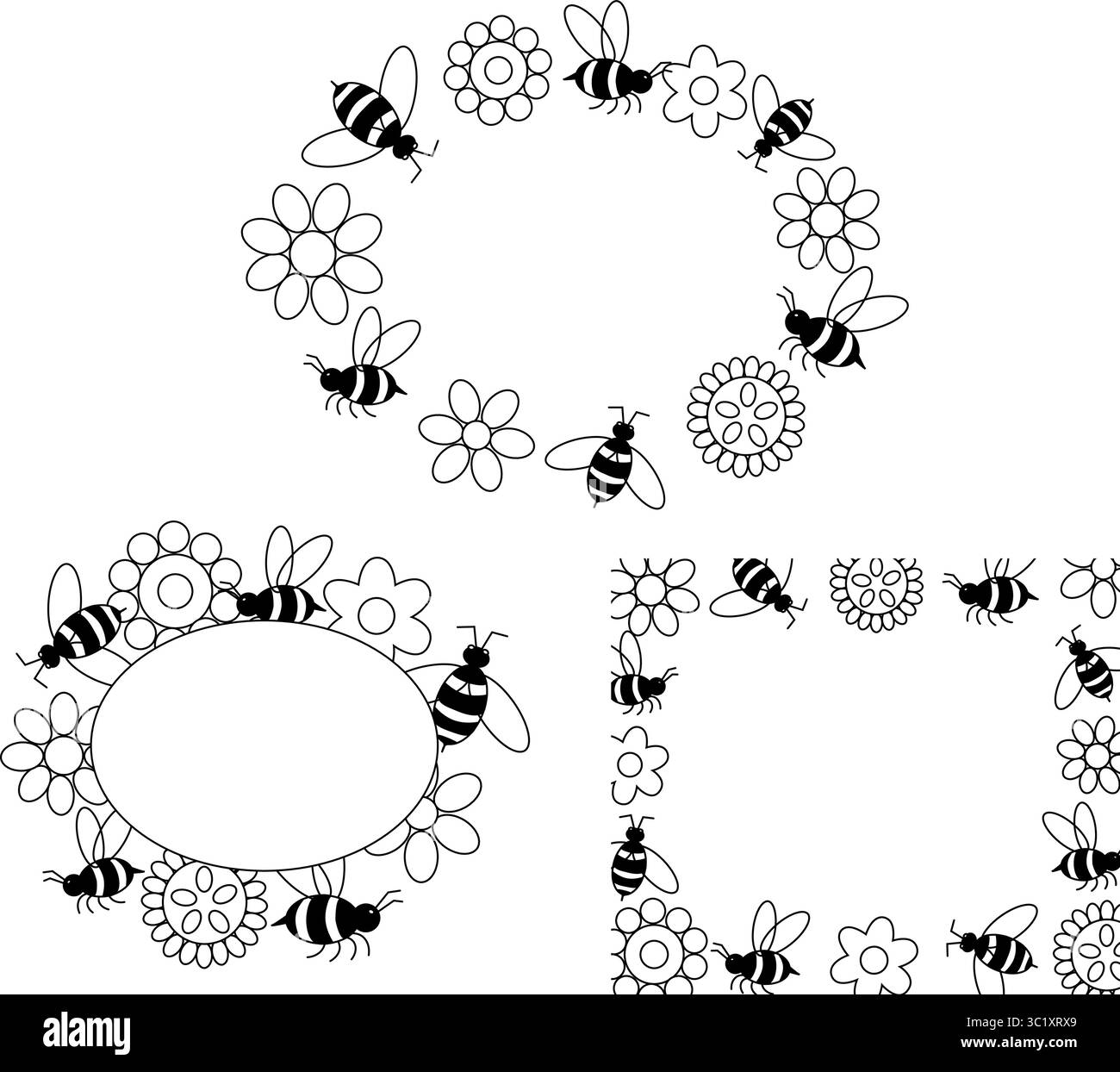Fleurs sauvages et abeilles Honey cadre rectangulaire ovale. Illustration de ligne graphique vectorielle. Plantes et feuilles de prairie isolées. Illus de style gravé à base de plantes Illustration de Vecteur