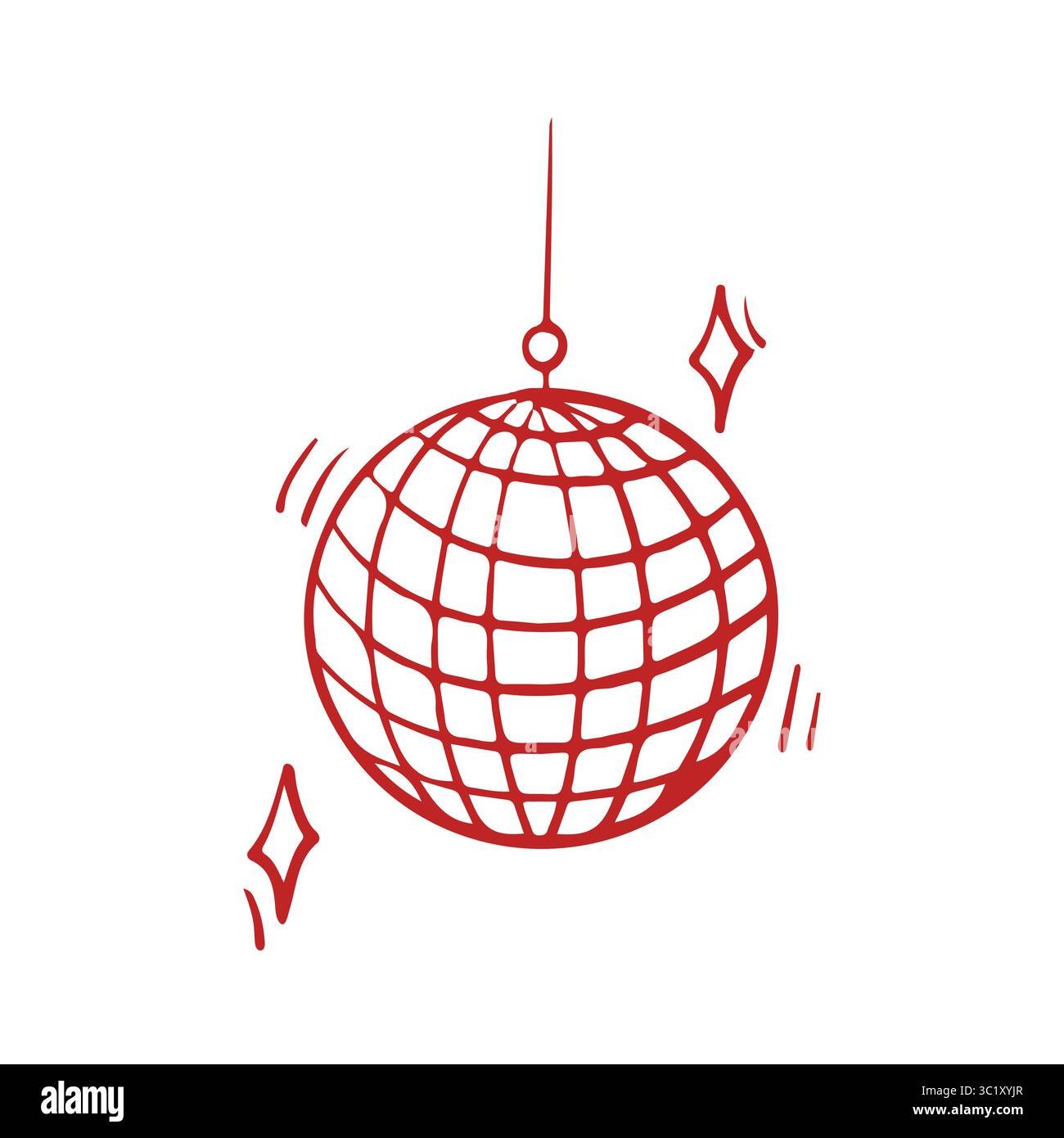 Icône de boule disco dessinée à la main. Contour dessin boule disco pour le symbole clipart de ligne de fête. Boule disco pour mariages et anniversaires. Illustration vectorielle en rouge Illustration de Vecteur
