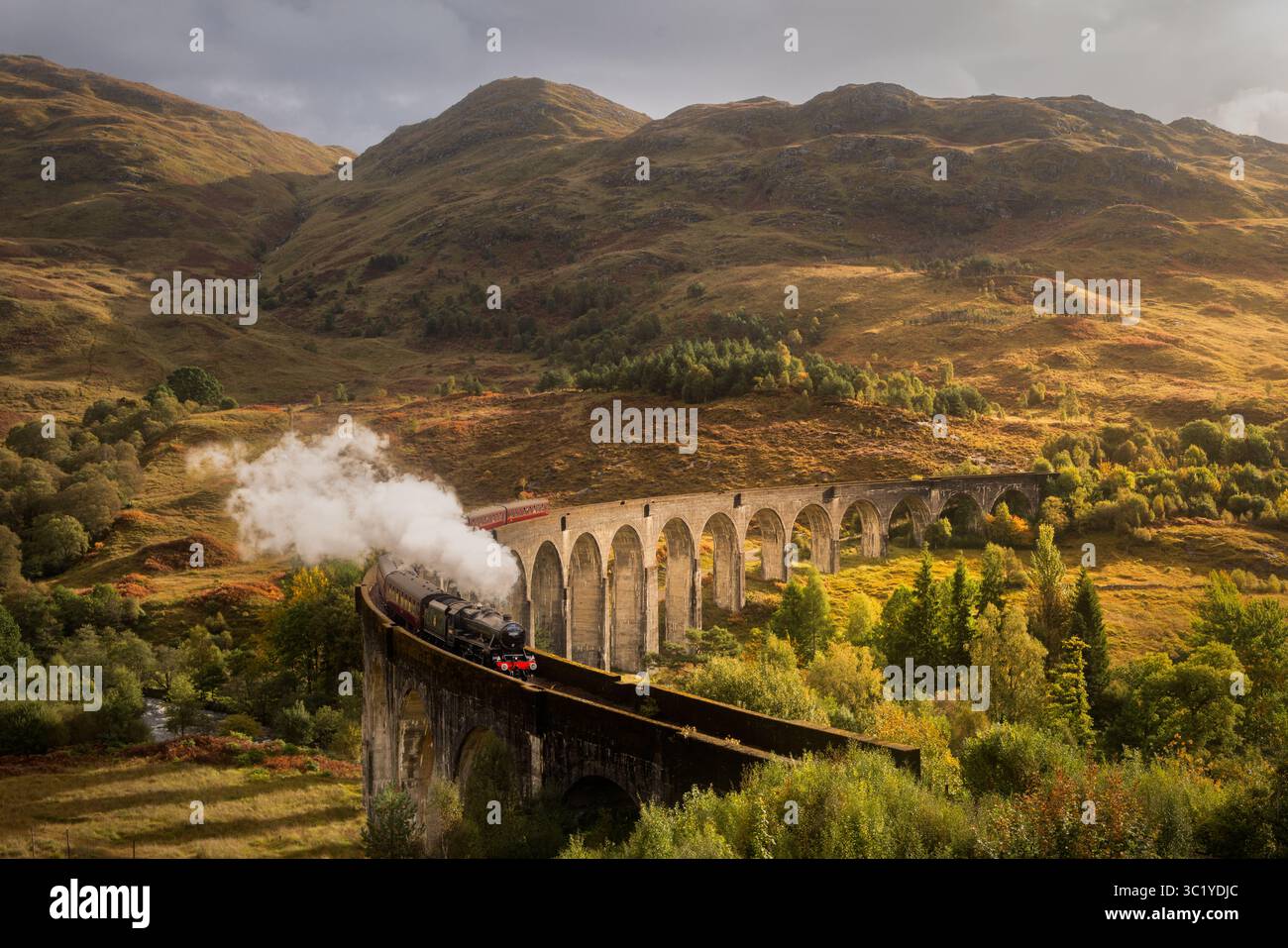 Vue d'un train à vapeur vintage dégageant de la fumée blanche alors qu'il traverse le viaduc de Glenfinnan, sur fond de collines ondulantes et de couleurs d'automne, Écosse, Royaume-Uni. Banque D'Images