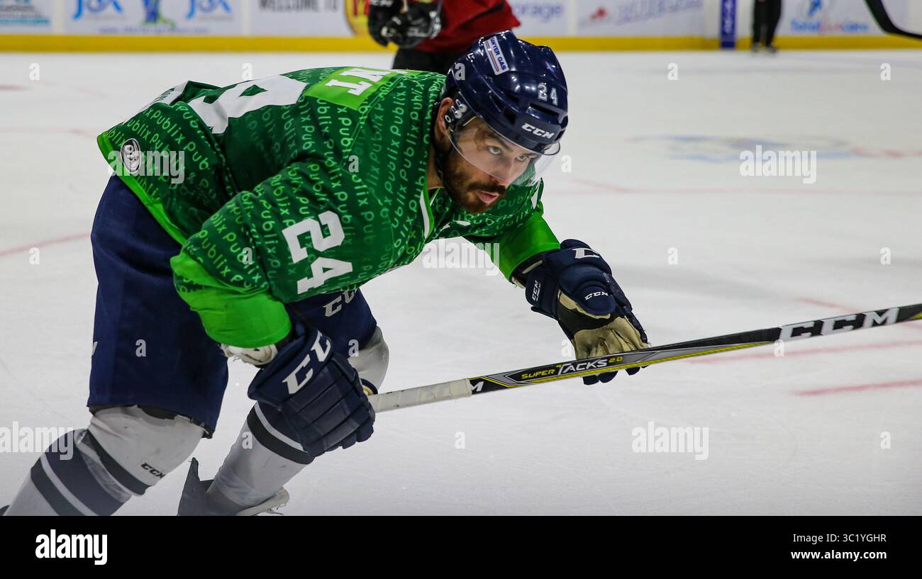 L'attaquant des glaces de Jacksonville Garet Hunt (24 ans) pendant la deuxième période d'un match de hockey professionnel de l'ECHL contre les Gladiators d'Atlanta au Veterans Memorial Arena à Jacksonville, Floride, le samedi 30 mars 2019. (Gary Lloyd McCullough/for Cal Sport Media)(image de crédit : &copy ; Gary Lloyd McCullough/CSM via ZUMA Wire) Banque D'Images
