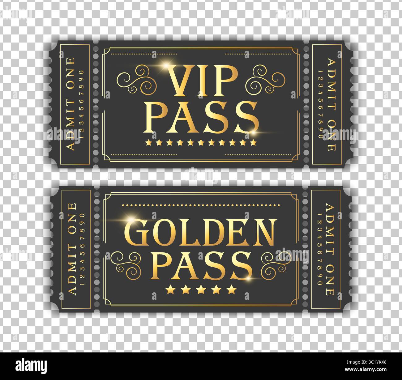 Laissez-passer VIP et modèles de laissez-passer doré. Convient pour festival, cinéma, théâtre, concert, casino, cirque, billets pour événements. Illustration vectorielle Illustration de Vecteur