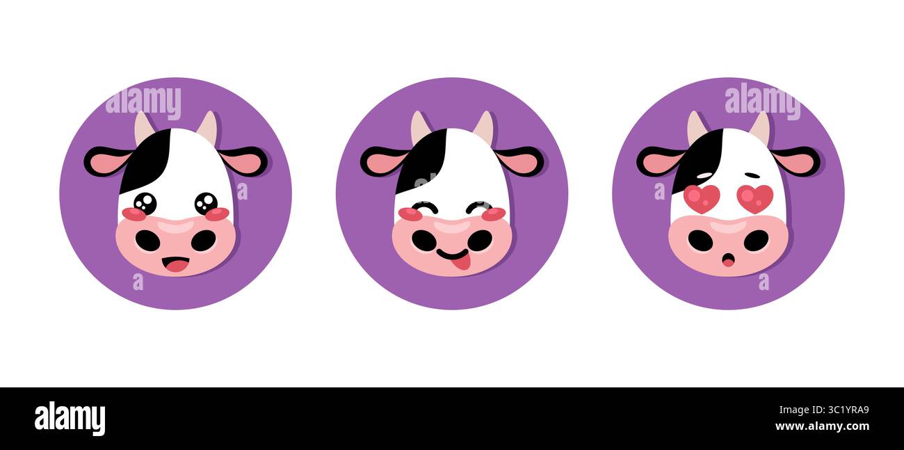 Icônes rondes de vache de dessin animé mignonnes. Icônes de mollet plat. Illustration vectorielle Illustration de Vecteur
