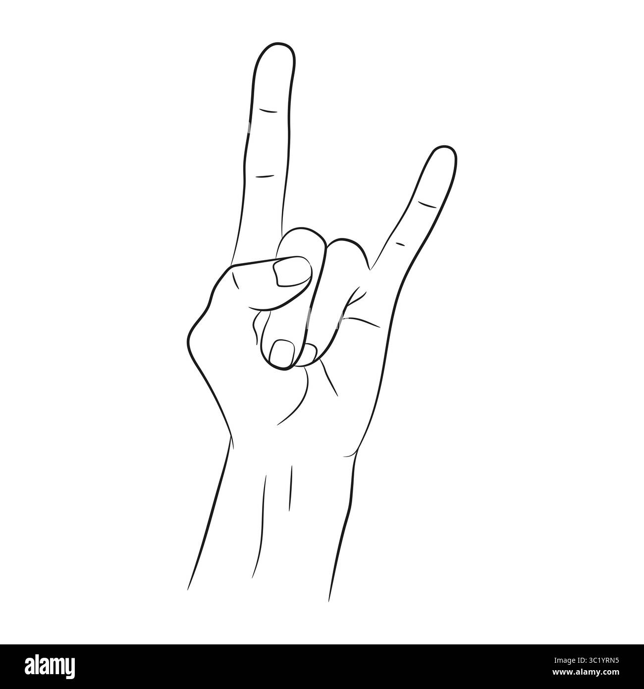 Les cornes de roche dure signent un croquis linéaire dessiné à la main. Main montrant le contour du geste rock. Illustration vectorielle Illustration de Vecteur