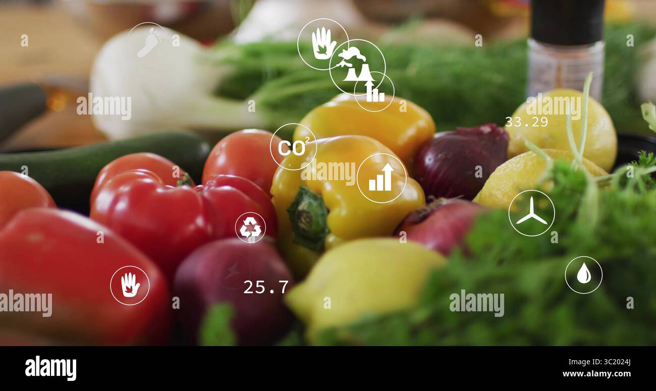Affichage de légumes frais assortis et icônes de durabilité sur le comptoir en bois dans la cuisine à la maison Banque D'Images