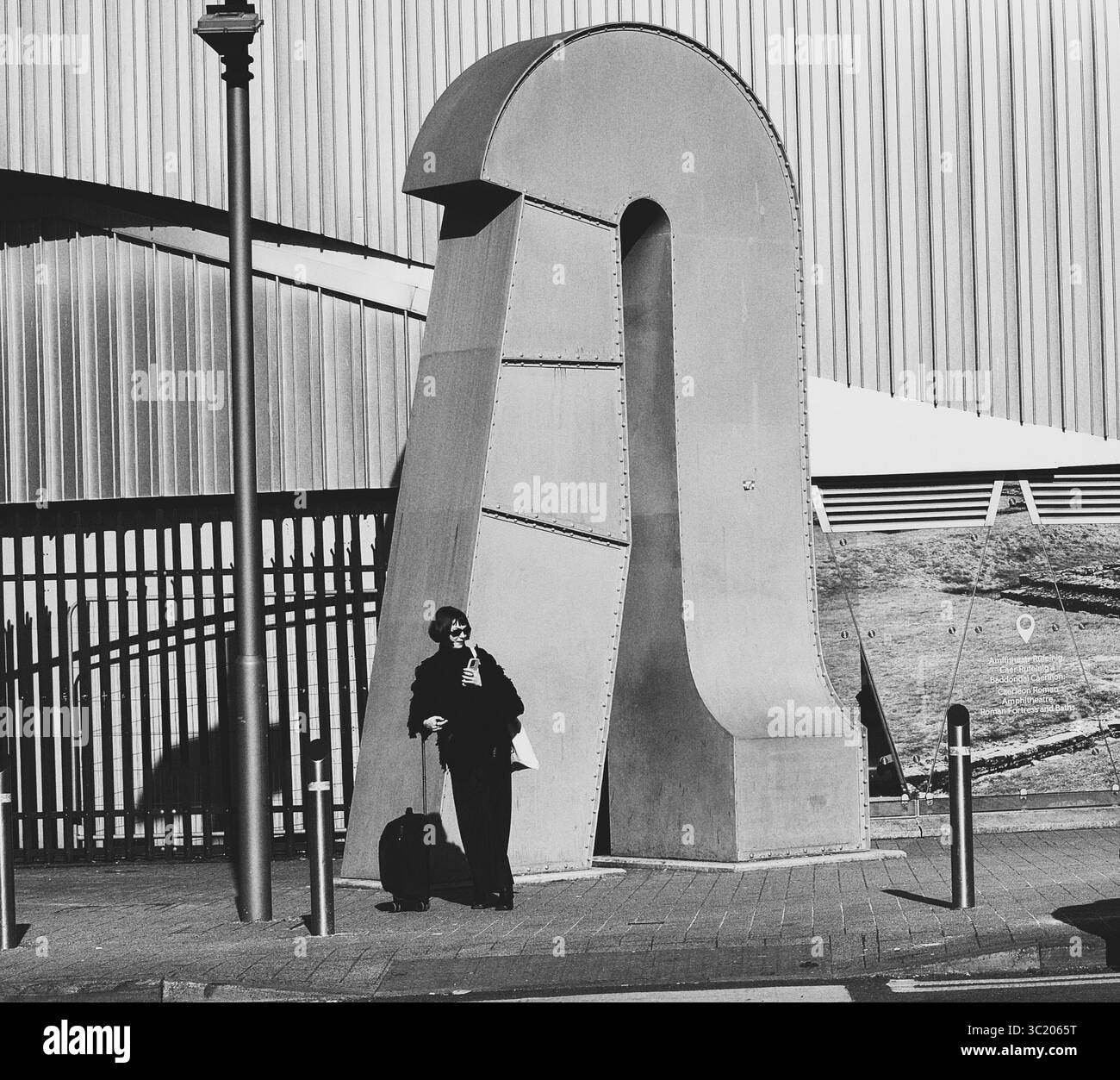 Femme élégante dans des teintes fraîches waitin pour un taxi en monochrome. Banque D'Images