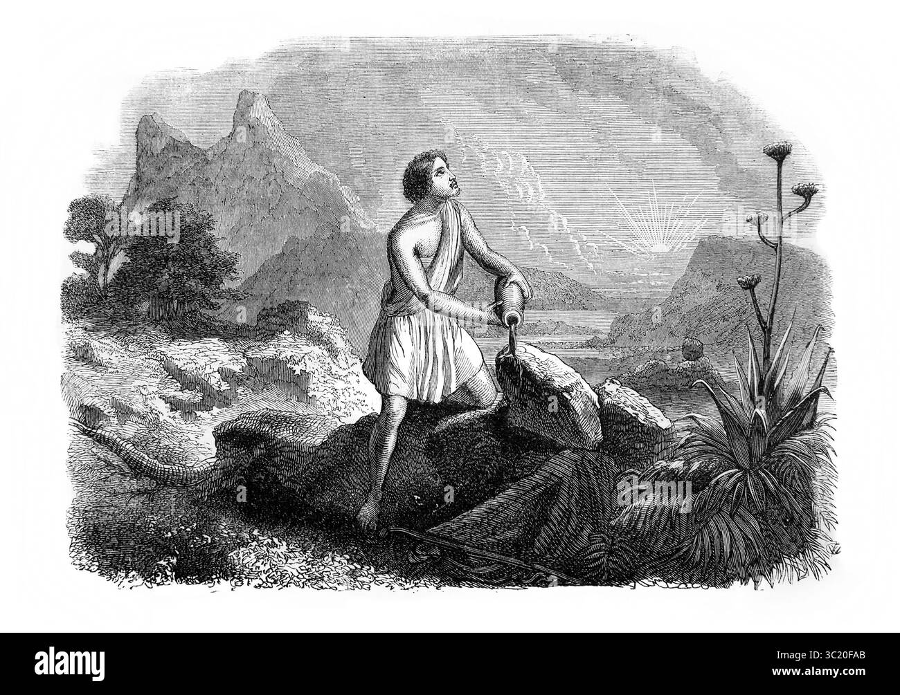 Illustration de Jacob versant de l'huile sur la pierre pour consacrer le lieu où Dieu lui a parlé (Genèse) de l'Antiquité 19ème siècle la Sainte Bible conta Banque D'Images