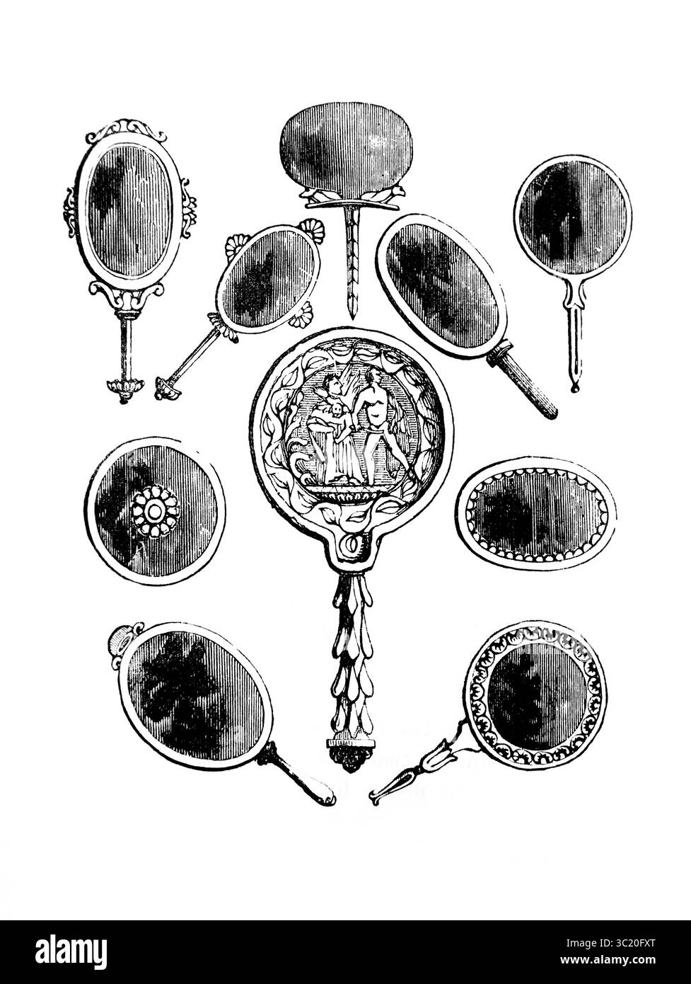 Illustration des miroirs anciens utilisés à l'époque biblique de l'Antiquité du XIXe siècle la Sainte Bible contenant l'ancien et le Nouveau Testament avec des notes explicatives, des références et une concordance condensée publiée par Cassell, Petter & Galpin Banque D'Images