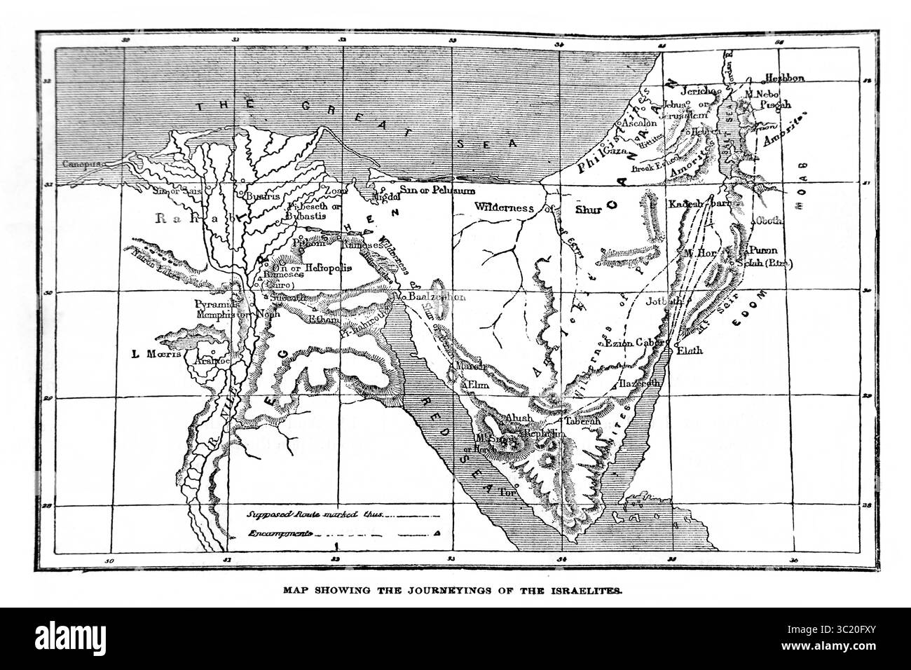 Illustration d'une carte montrant le voyage des Israélites (Exode) de l'Antiquité 19ème siècle la Sainte Bible contenant l'ancien et le Nouveau Testament avec des notes explicatives, des références et une concordance condensée publiée par Cassell, Petter & Galpin Banque D'Images