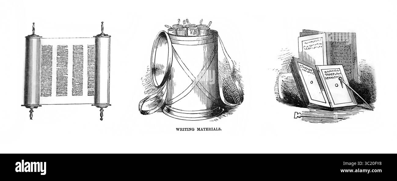Illustration de l'écriture matériel utilisé à l'époque biblique de l'Antiquité 19ème siècle la Sainte Bible contenant l'ancien et le Nouveau Testament avec Explan Banque D'Images