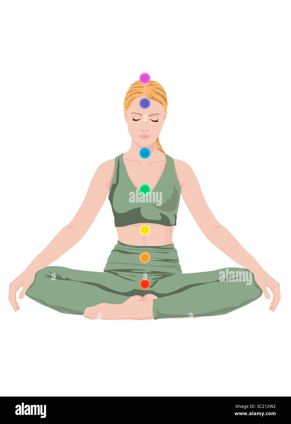 Localisation des chakras dans le corps. Femme en position Lotus sur fond blanc, illustration Banque D'Images