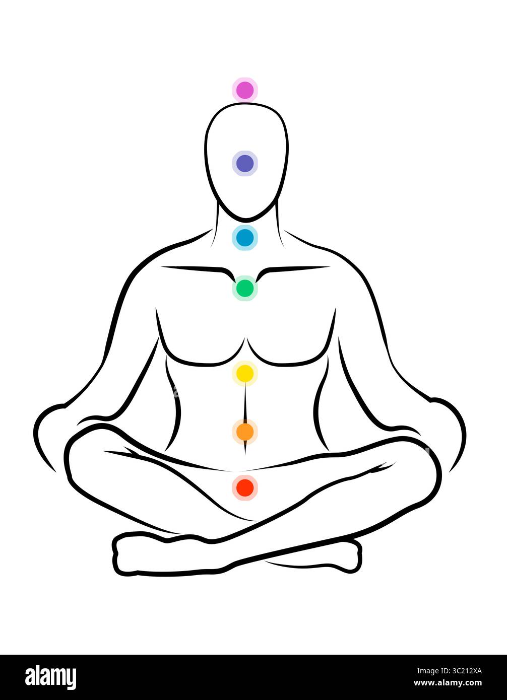 Localisation des chakras dans le corps. Silhouette de l'homme en position Lotus sur fond blanc, illustration Banque D'Images