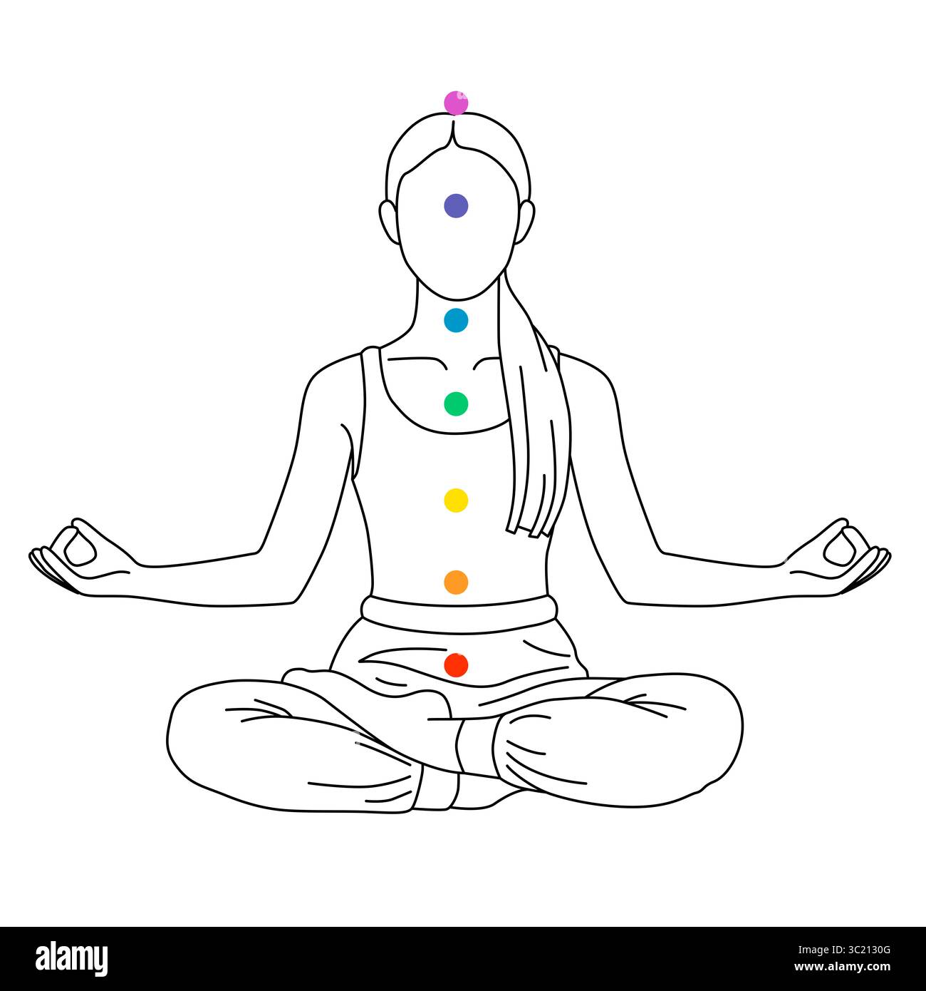 Localisation des chakras dans le corps. Silhouette de femme en position Lotus sur fond blanc, illustration Banque D'Images
