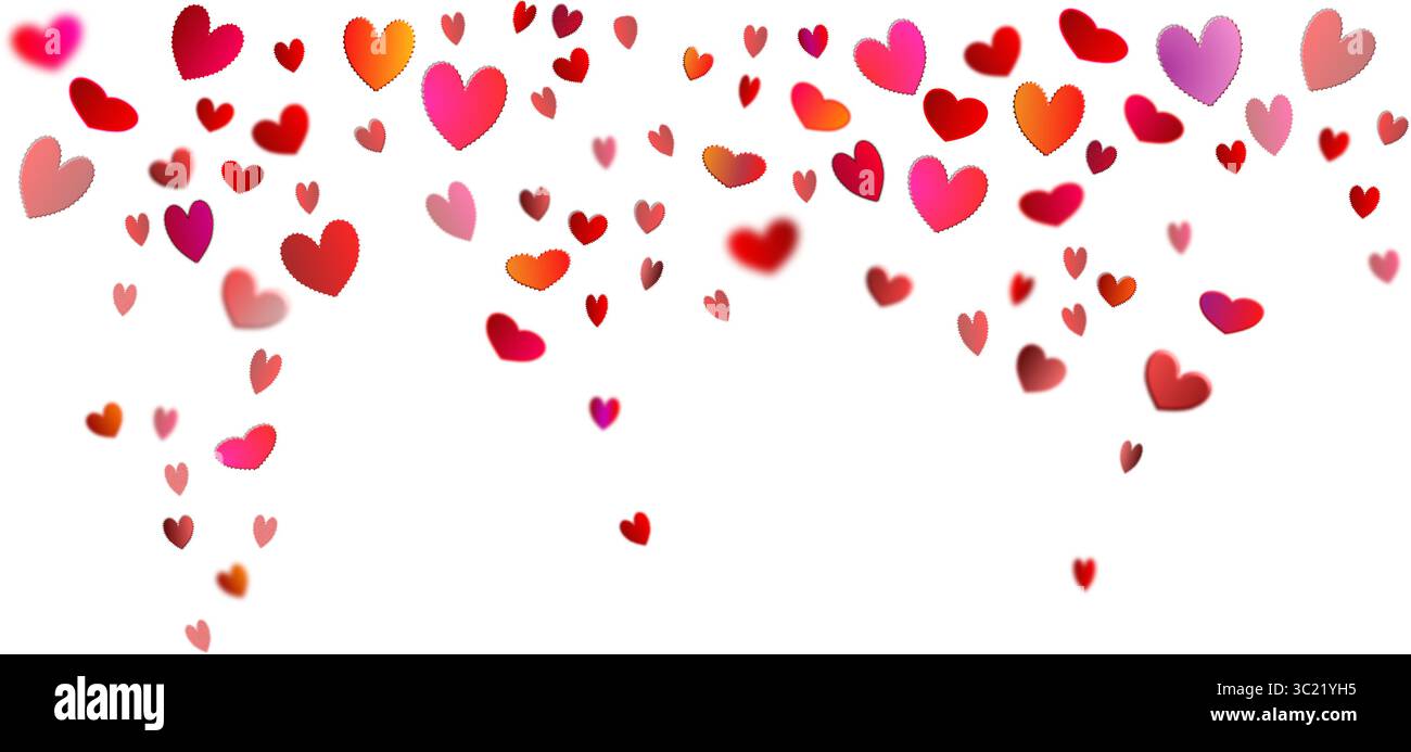 Cœurs tombant horizontalement sur fond transparent. Fond de Saint-Valentin avec des coeurs rouges, oranges et roses Illustration de Vecteur