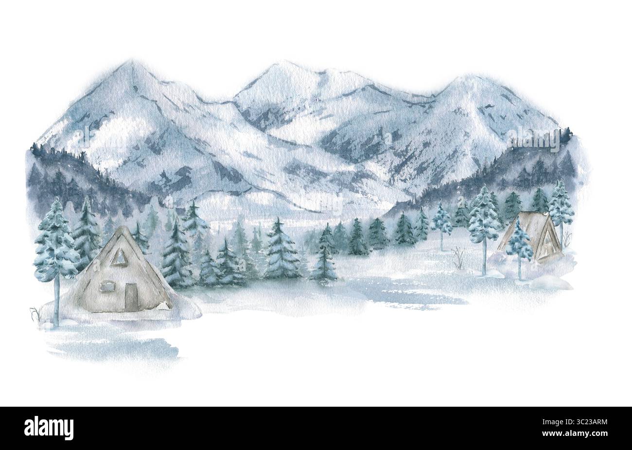 Aquarelle silencieuse scène hivernale avec cabine en bois parmi les épinettes chargées de neige et les pentes brumeuses de montagne isolées. chalet dans la forêt de conifères enneigés Banque D'Images