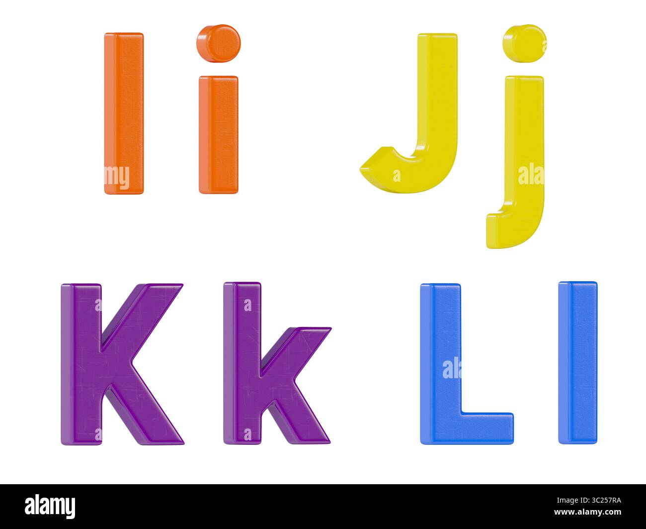 Lettres en plastique magnétique colorées en majuscules et minuscules angulaires I à l isolées sur un fond blanc. Banque D'Images
