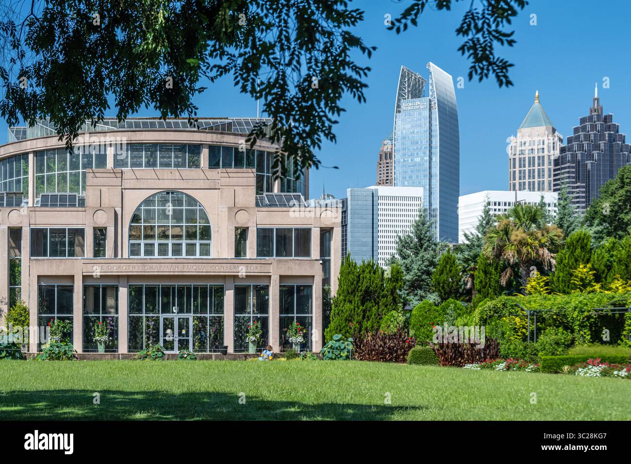 Dorothy Chapman Fuqua Conservatory au jardin botanique d'Atlanta avec vue sur le Midtown Atlanta, Géorgie, horizon. (ÉTATS-UNIS) Banque D'Images