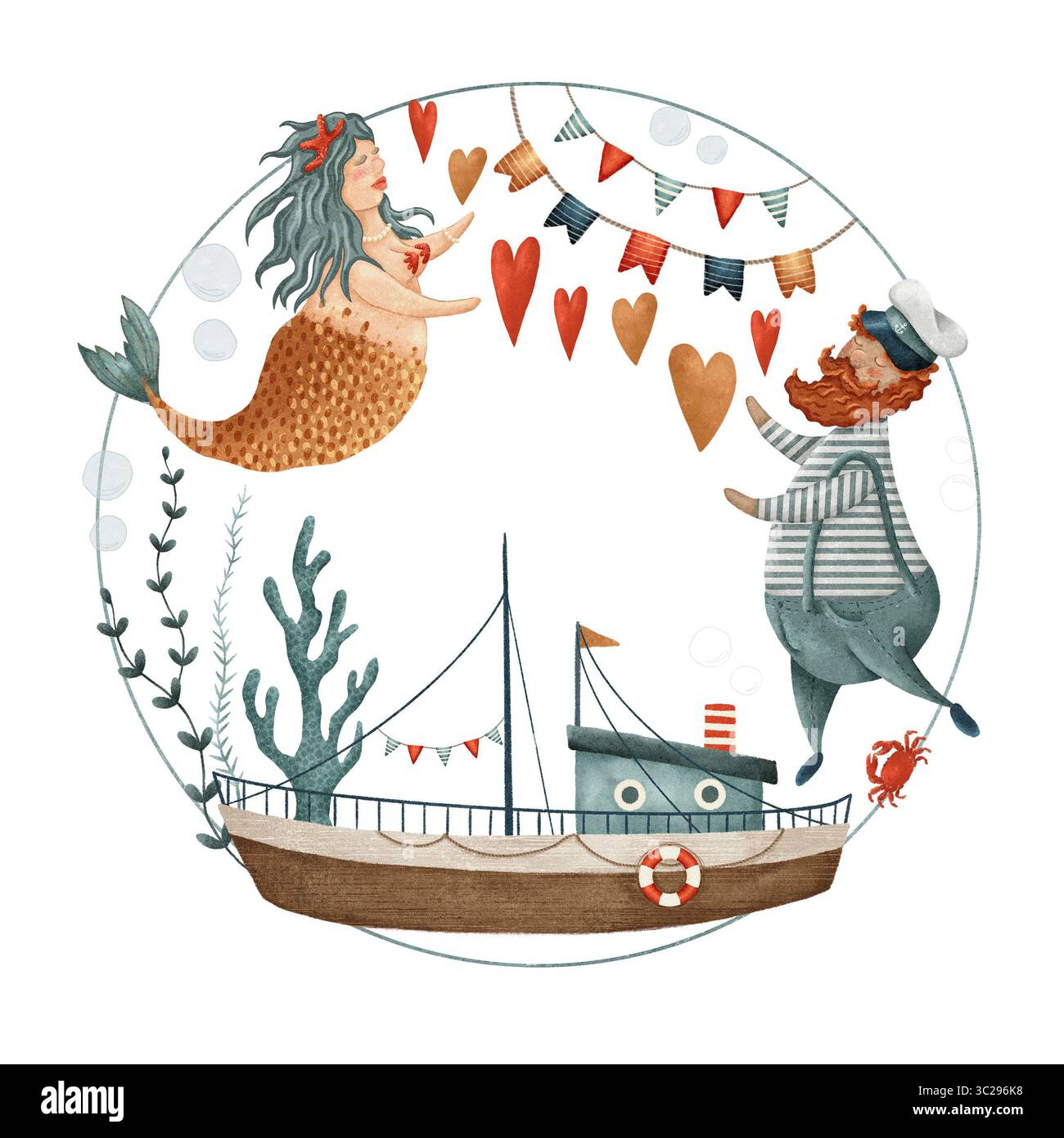 Une illustration charmante et charmante représentant une sirène et un marin célébrant joyeusement leur amour au bord de la mer. Composition isolée dessinée à la main sur fond blanc. Banque D'Images