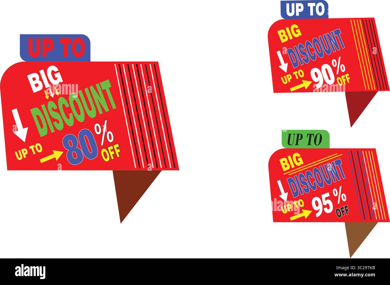 Big discount 80,90 et 95 pour cent de réduction vecteur de conception d'étiquette dans le style jaune rouge pour la bannière d'achat en ligne Illustration de Vecteur