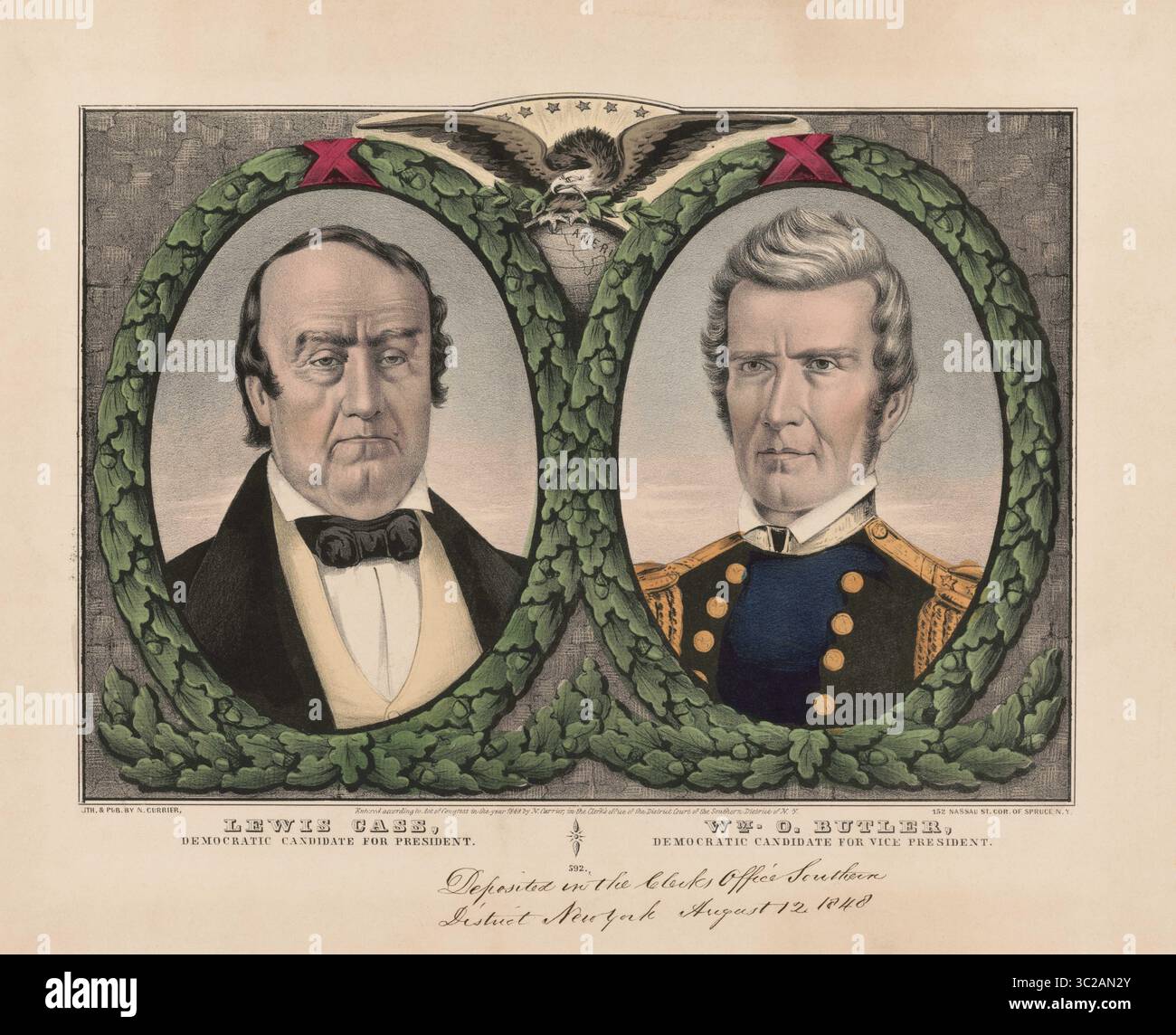 19 novembre 2015 - États-Unis - bannière de campagne pour les candidats démocrates à l'élection présidentielle américaine de 1848, Lewis Cass et le candidat à la vice-présidence William O. Butler, lithographie, Nathaniel Currier, 1848 (image crédit : © JT Vintage/Glasshouse via ZUMA Wire) Banque D'Images