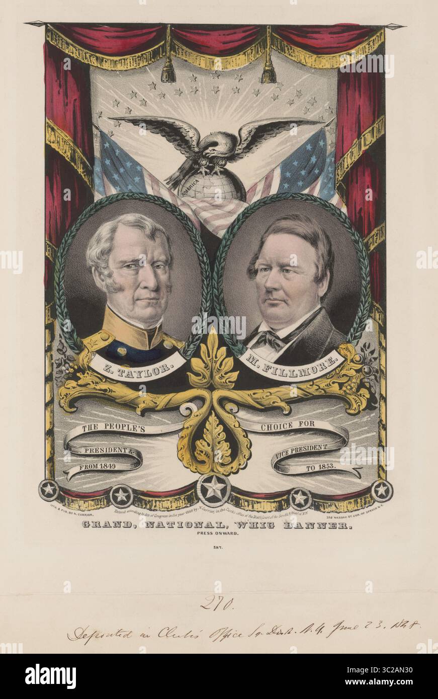 5 novembre 2015 - États-Unis - Grand, National, bannière whig, Press Onward, bannière de campagne pour les candidats whig à l'élection présidentielle américaine de 1848, Zachary Taylor et le candidat à la vice-présidence Millard Fillmore, lithographie, Nathaniel Currier, 1848 (crédit image : © JT Vintage/Glasshouse via ZUMA Wire) Banque D'Images
