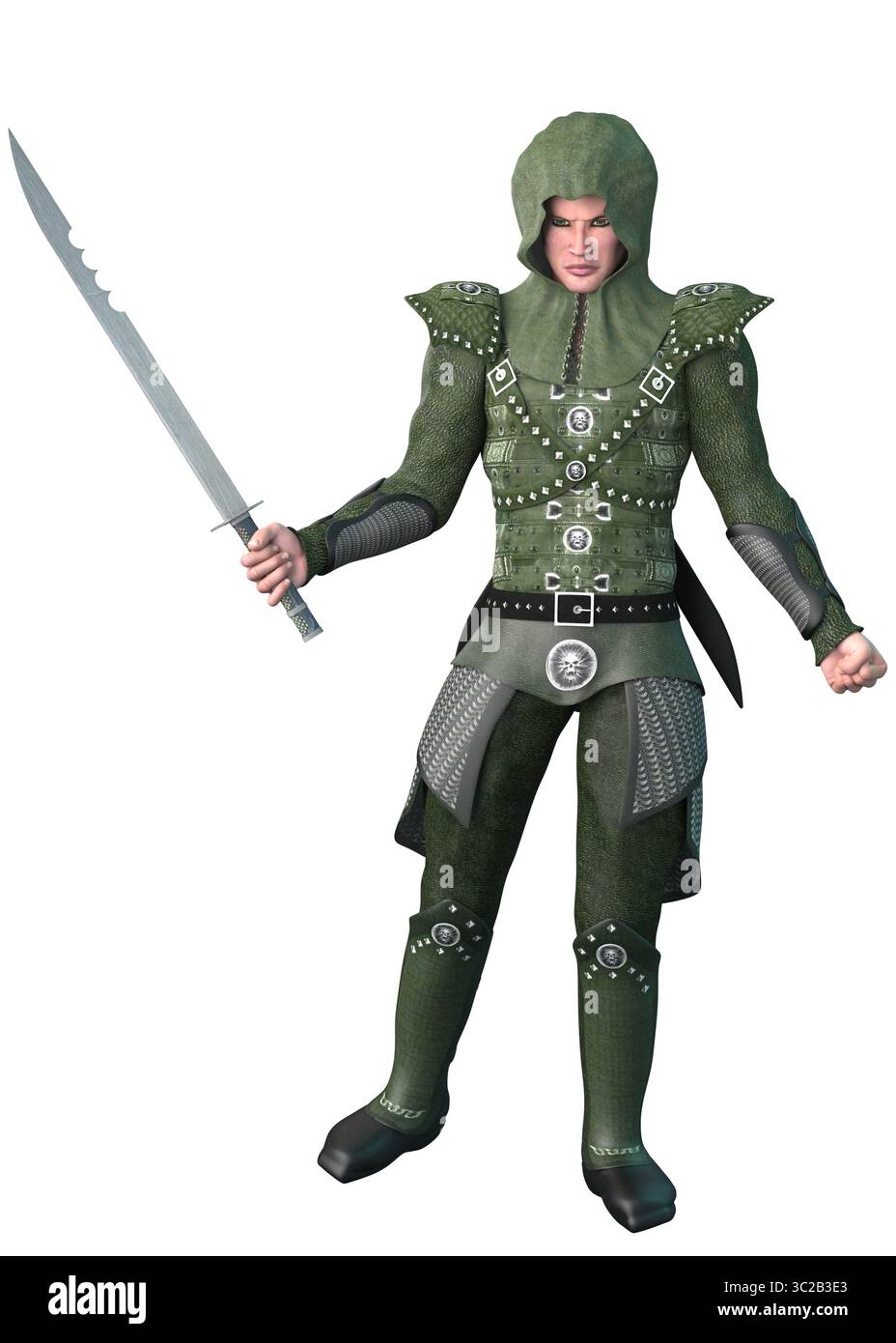 Illustration 3D très détaillée d'un guerrier médiéval en armure à capuche verte, tenant une longue épée. Dépeint la préparation au combat fantastique, la force et elle Banque D'Images