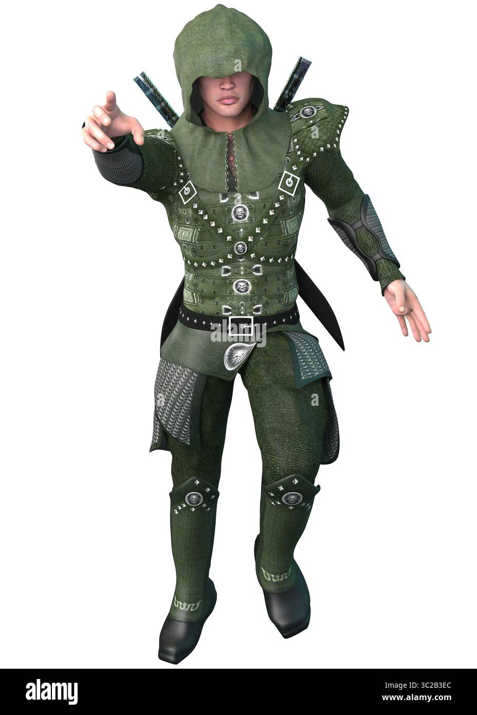 Illustration 3D très détaillée d'un guerrier médiéval en armure à capuche verte, tenant une longue épée. Dépeint la préparation au combat fantastique, la force et elle Banque D'Images