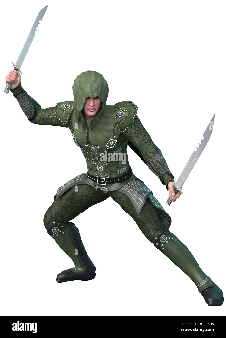 Illustration 3D très détaillée d'un guerrier médiéval en armure à capuche verte, tenant une longue épée. Dépeint la préparation au combat fantastique, la force et elle Banque D'Images