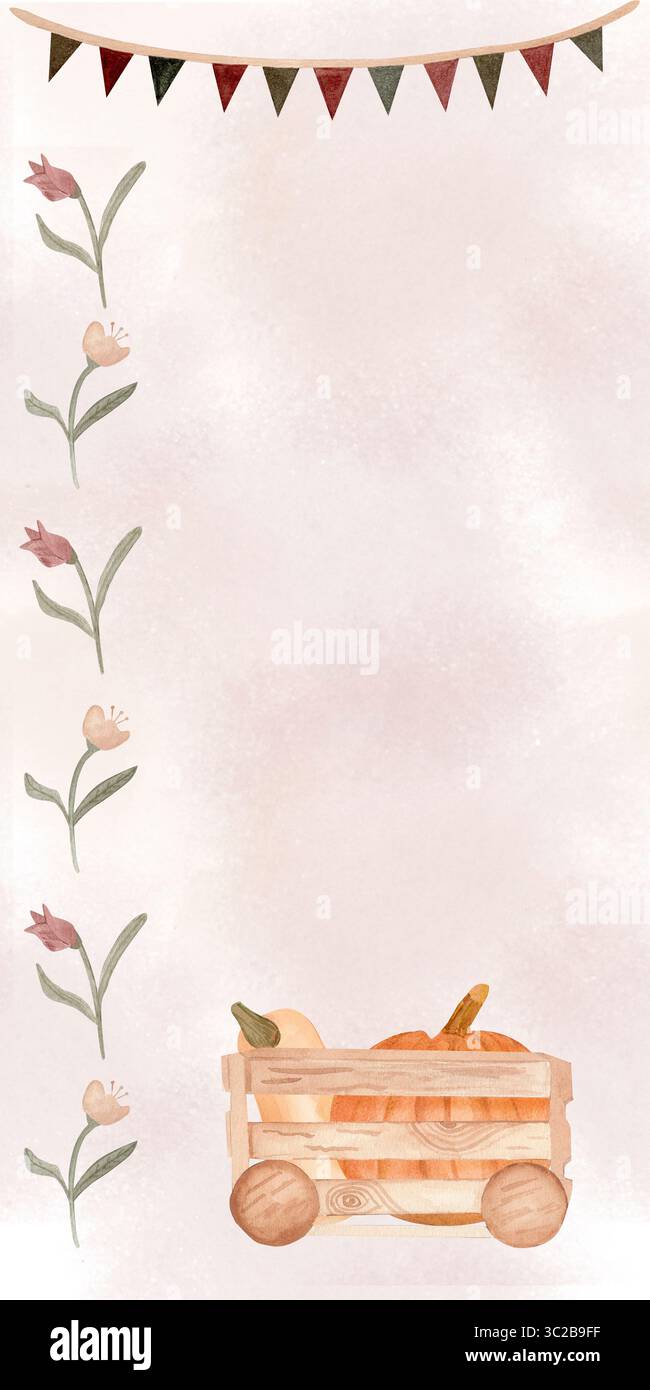 Illustration à l'aquarelle dessinée à la main avec une guirlande festive, des fleurs pastel et un chariot en bois rempli de citrouilles. Idéal pour les invitations sur le thème de l'automne Banque D'Images