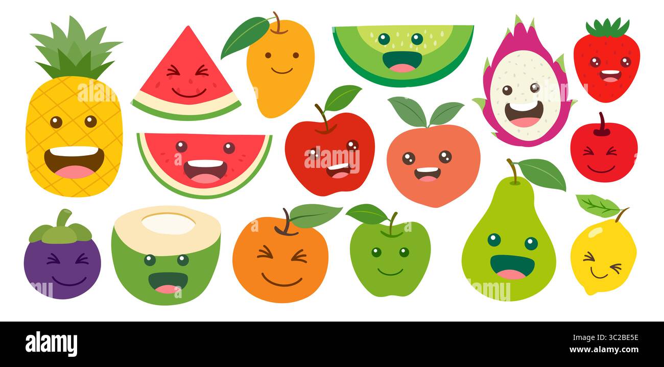 Mignons fruits d'été kawaii visage sourire illustration. Collection de différents fruits tropicaux amusants. Illustration de Vecteur