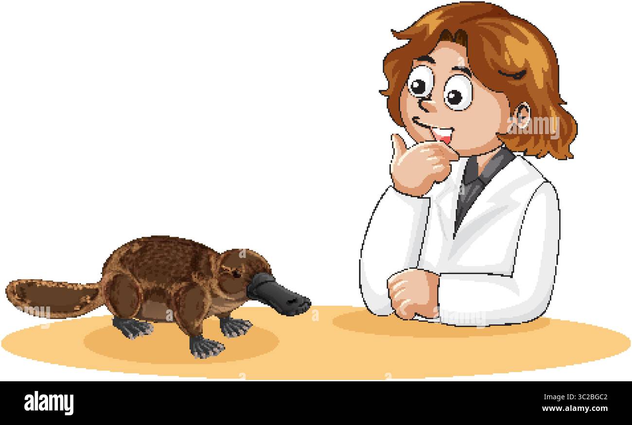 Scientifique de dessin animé en manteau blanc étudie un ornithorynque sur une table, en utilisant des couleurs vives et un style d'illustration vectorielle propre avec un fond simple Illustration de Vecteur