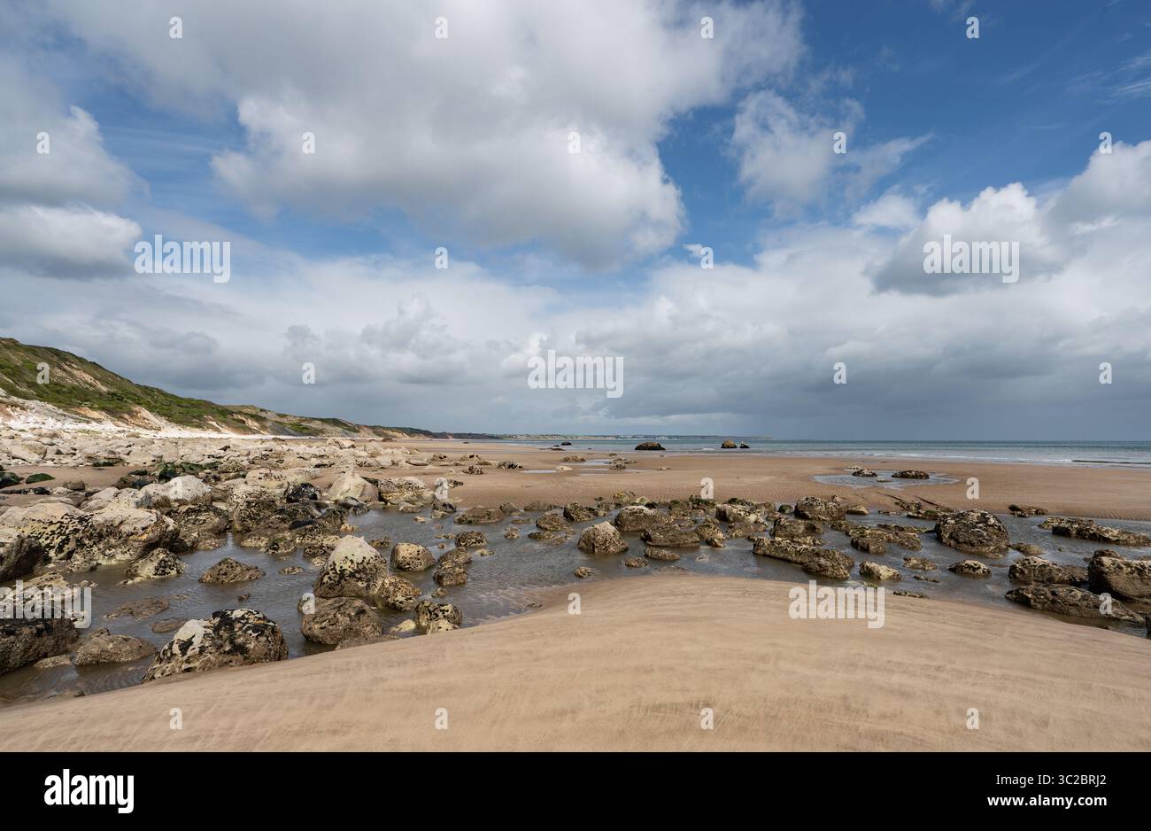 La marée basse à Speeton Sands révèle une plage rocheuse souvent déserte. Photographie prise en regardant vers le nord en direction de Filey à plusieurs kilomètres de là. Banque D'Images
