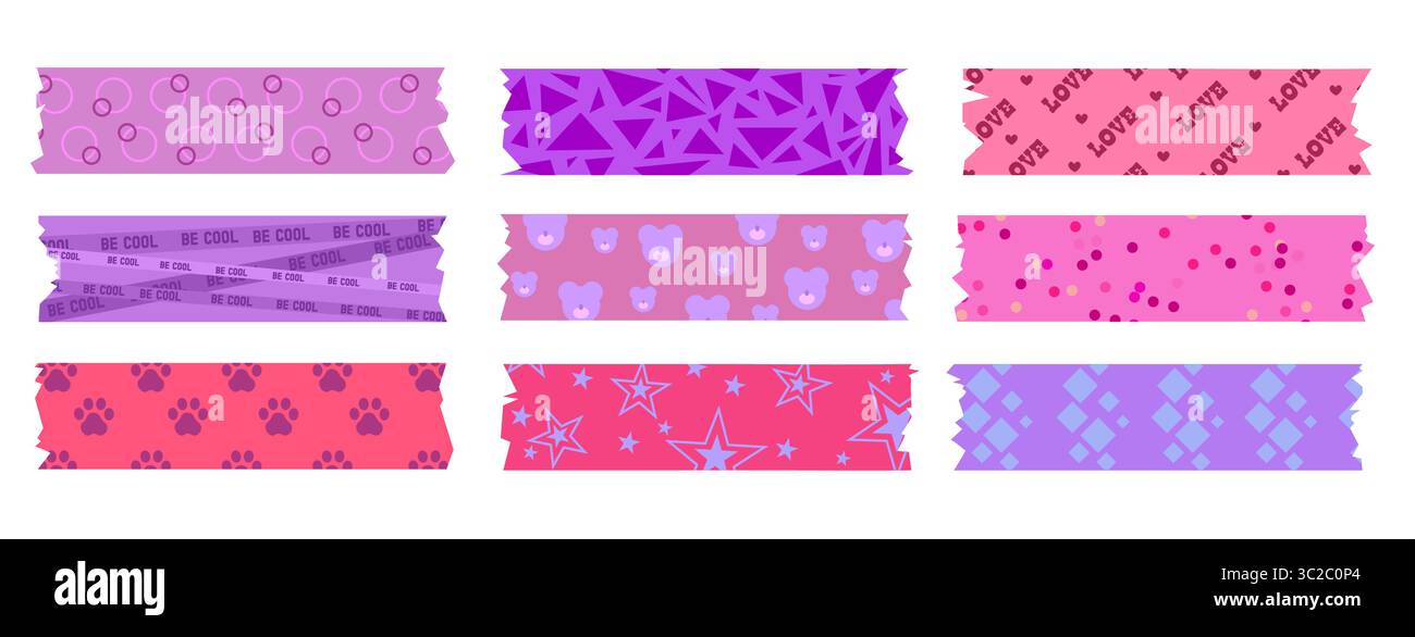 Ensemble de ruban de scrapbook rose et violet avec des motifs mignons - formes géométriques, coeurs avec texte d'amour, cercles et points, empreintes de pattes et étoiles, ours. Jolies bandes washi pour journaling, décoration de planificateur Illustration de Vecteur