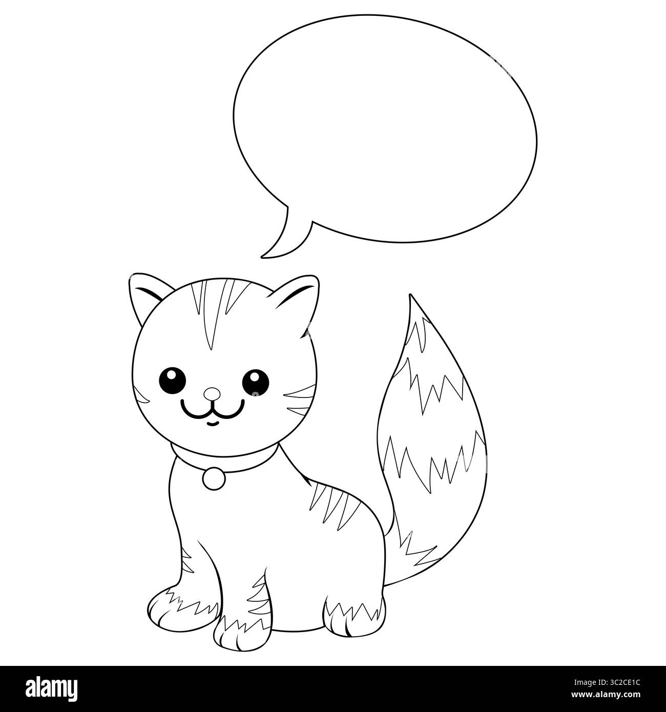 Chaton de dessin animé mignon avec une bulle de discours. Chat mignon qui parle ou miaule. Infobulle vierge pour ajouter du texte. Coloriage noir et blanc. Banque D'Images